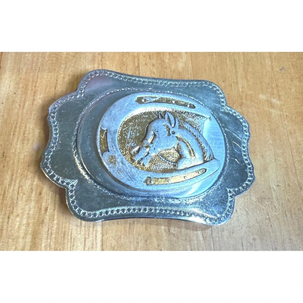 Vintage Horse Head Horseshoe‎ Belt Buckle Two Tone Silver Gold Made in Japan